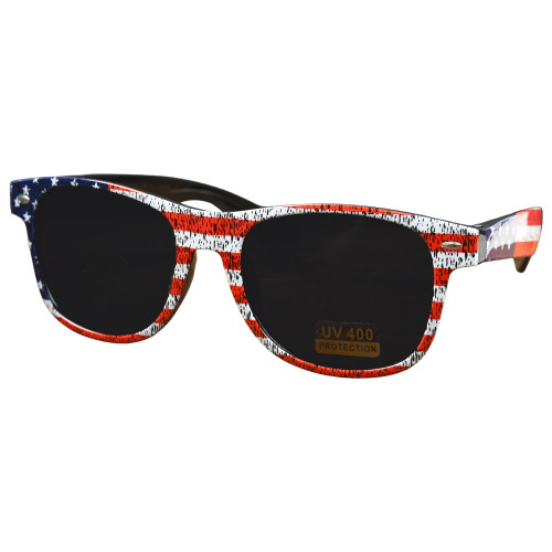 Sunglasses with frames patterned like the American flag, featuring UV 400 protection.
