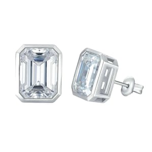 Silver stud earrings featuring rectangular, emerald-cut clear gemstones set in a bezel-style setting.