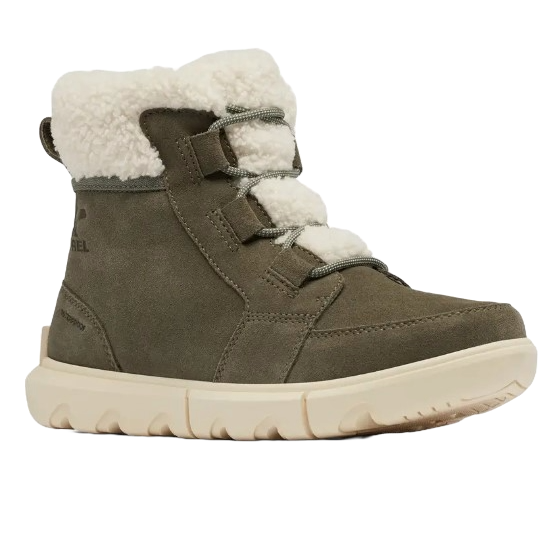 A pair of olive green winter boots with white faux fur lining and a chunky, beige sole.