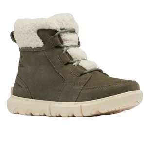 A pair of olive green winter boots with white faux fur lining and a chunky, beige sole.