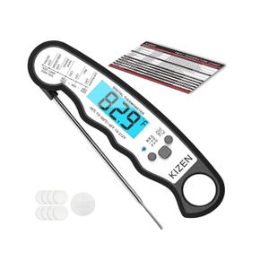 Kizen digital meat thermometer with folding probe, backlit display, and temperature range of -58°F to 572°F. Includes a meat temperature chart, setup buttons, and extra batteries.