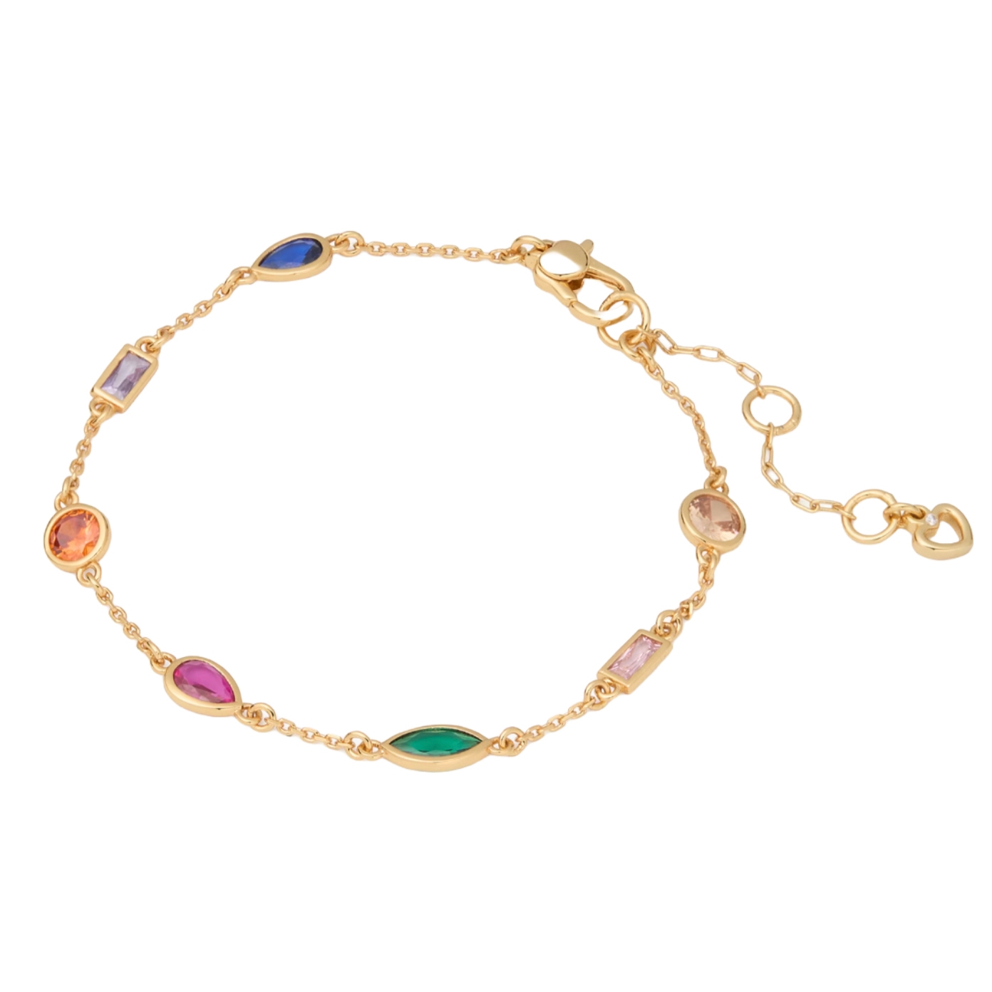 A gold-toned bracelet from Kate Spade Outlet featuring a delicate chain adorned with colorful cubic zirconia stones in various shapes, including teardrops, ovals, and rectangles. It includes an adjustable clasp with small chain links and a heart charm.