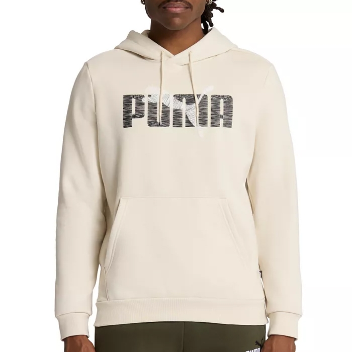 A beige Puma hoodie featuring the brand's logo across the chest, with a front pocket and drawstring hood.