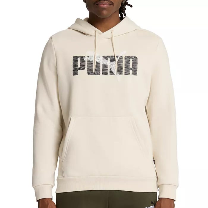 A beige Puma hoodie featuring the brand's logo across the chest, with a front pocket and drawstring hood.