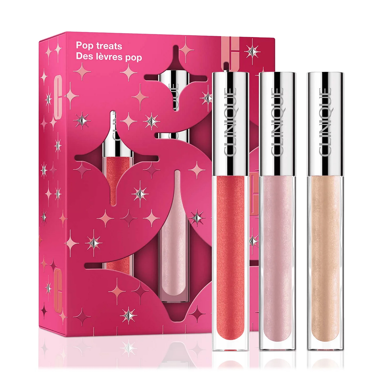 Clinique Pop Treats gift set includes three lip glosses in pink, red, and gold shades, presented in a decorative pink box with star designs.