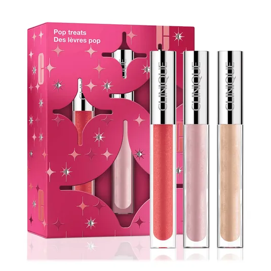 Clinique Pop Treats gift set includes three lip glosses in pink, red, and gold shades, presented in a decorative pink box with star designs.