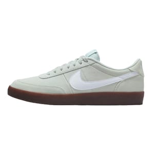 A light gray Nike sneaker with a white Swoosh logo and a gum sole, featuring a minimalist design and lace-up closure.