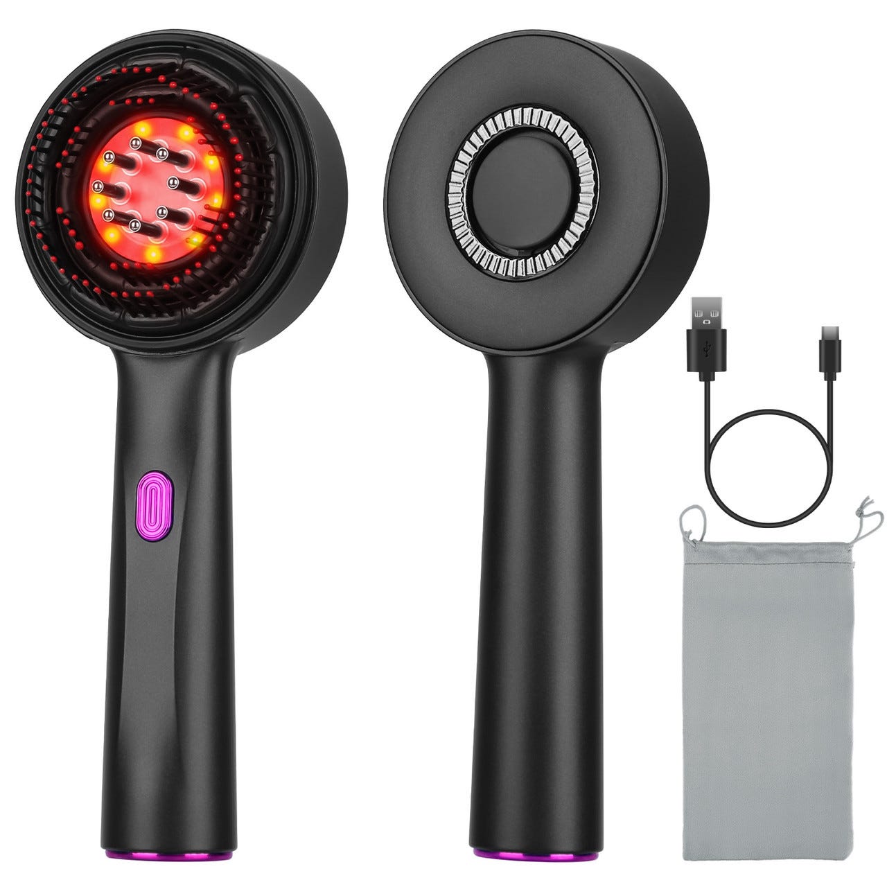 A hair and scalp massager featuring red LED lights, with a USB charging cable and a storage pouch included.
