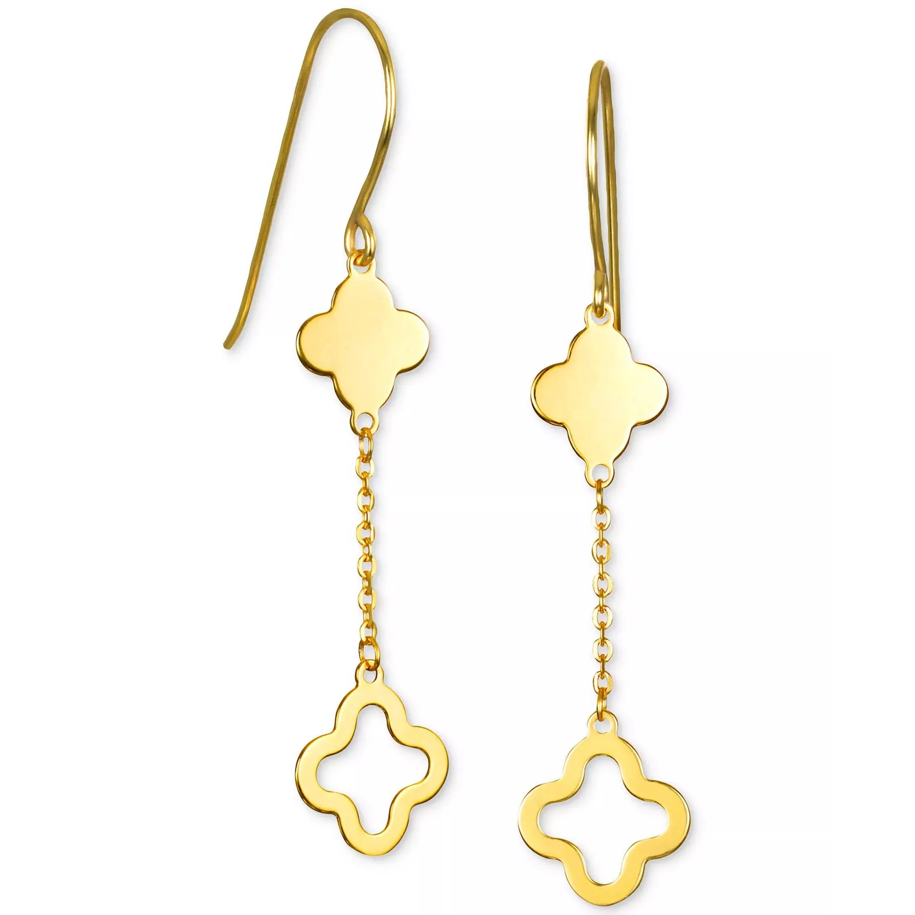 Gold dangle earrings with hook fastenings, featuring a design of two quatrefoil shapes connected by a delicate chain.