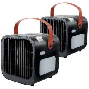 Two portable black air coolers with orange handles and front vents are displayed.