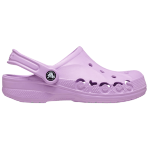 A lavender Crocs clog with ventilation holes and an adjustable heel strap, featuring the Crocs logo embossed on the side.
