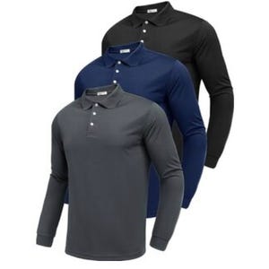 Three long-sleeve polo shirts in gray, navy blue, and black, each with a three-button placket and a classic collar.