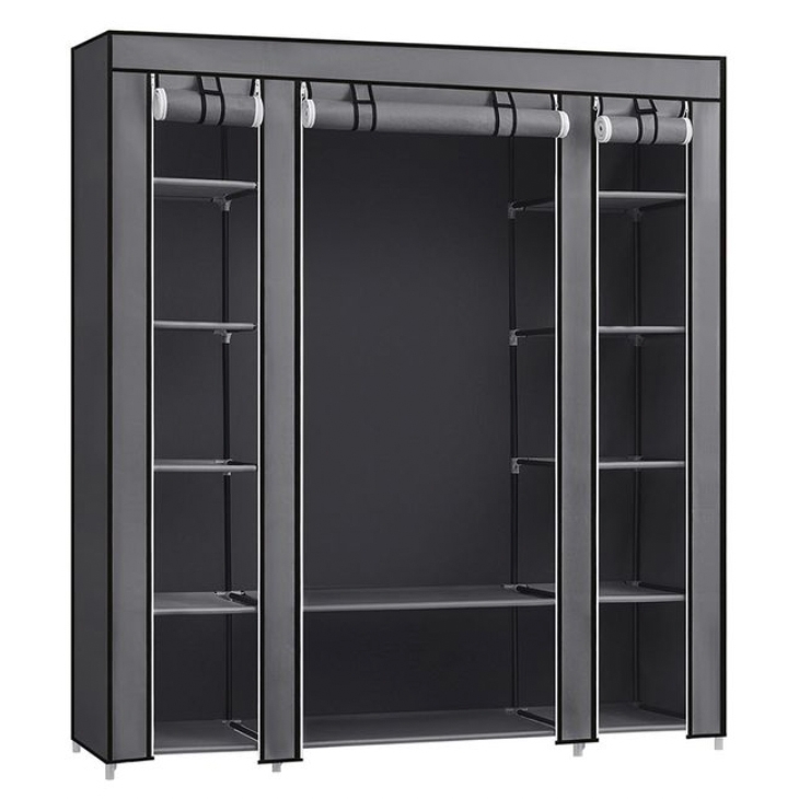 A black fabric wardrobe features multiple open compartments with shelves on both sides and a hanging space in the middle.
