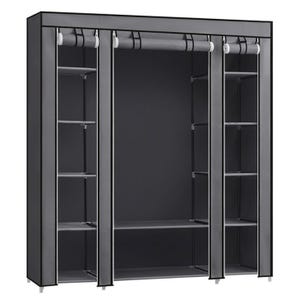 A black fabric wardrobe features multiple open compartments with shelves on both sides and a hanging space in the middle.