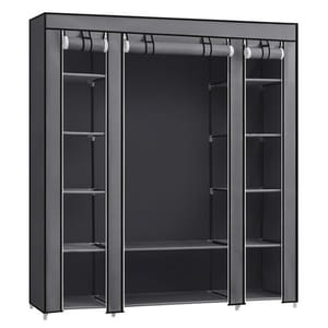 A black fabric wardrobe features multiple open compartments with shelves on both sides and a hanging space in the middle.