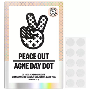 Peace Out Acne Day Dot features 20 sheer acne healing dots with encapsulated salicylic acid, retinol, and aloe vera for healing and concealing.