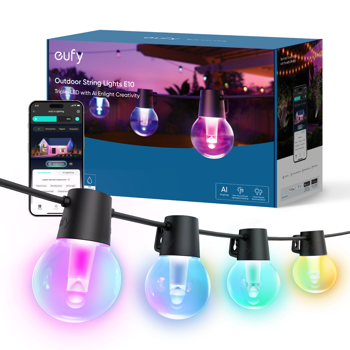 Eufy Outdoor String Lights E10 features triple LED bulbs with AI-enabled lighting creativity, showcased with a mobile app for control.