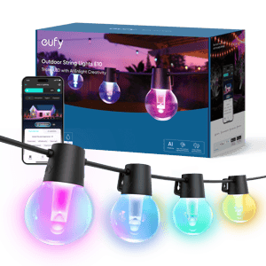 Eufy Outdoor String Lights E10 features triple LED bulbs with AI-enabled lighting creativity, showcased with a mobile app for control.