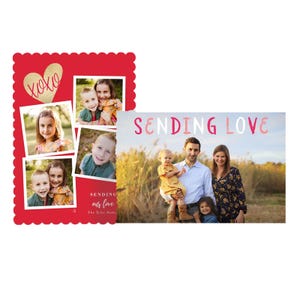 Two greeting cards featuring family photos. One card has a red scalloped border with \“xoxo\“ in a heart and multiple small photos; the other has a family in a field with \“Sending Love\“ in pink and white text.