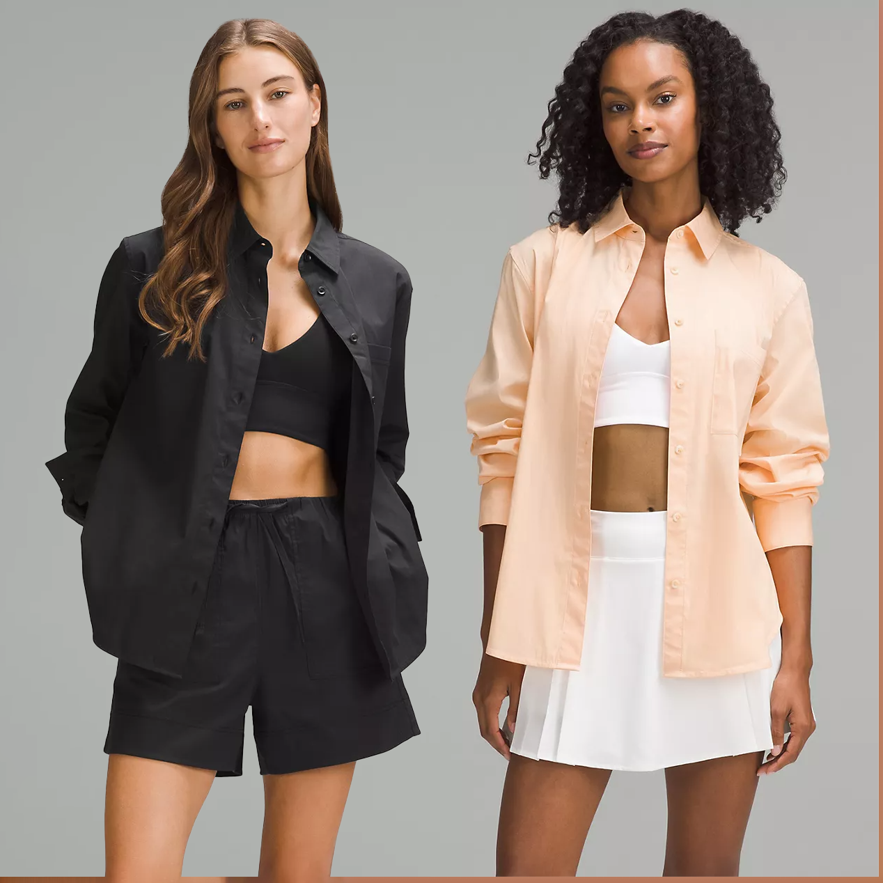 Two women are wearing lululemon Button-Down Comfort Shirts, one in black and the other in peach, featuring a relaxed fit with a collar, button-up front, and long sleeves.