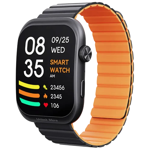 Smartwatch with a large rectangular display showing time, date, step count, and heart rate, featuring a black case and a two-toned black and orange strap.
