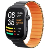 Smartwatch with a large rectangular display showing time, date, step count, and heart rate, featuring a black case and a two-toned black and orange strap.