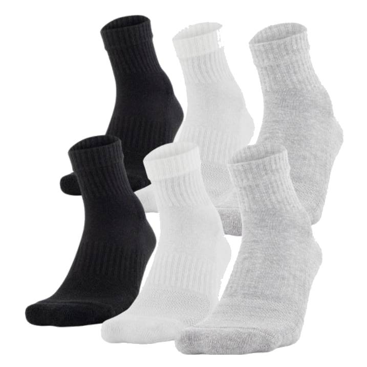 A set of ankle socks in three colors: black, white, and gray.