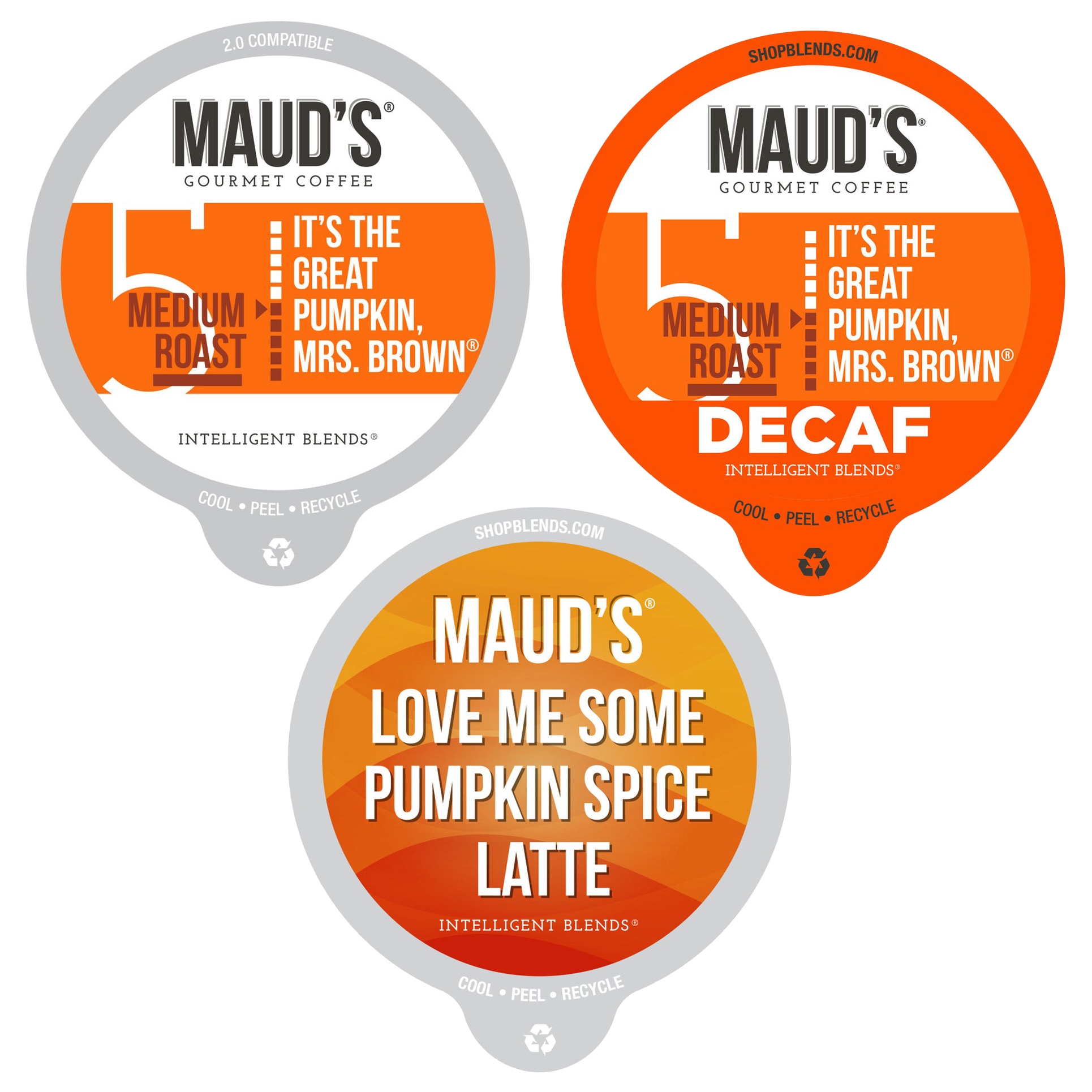 Maud's Gourmet Coffee offers three K-Cup blends: \“It's the Great Pumpkin, Mrs. Brown\“ in medium roast and decaf, and \“Love Me Some Pumpkin Spice Latte.\“ All are labeled as recyclable and compatible with 2.0 systems.