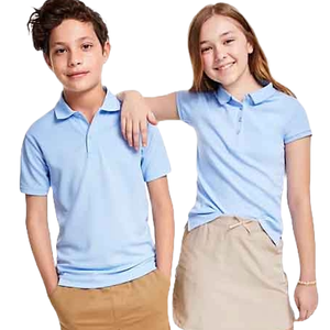Two children wearing light blue polo shirts and beige bottoms pose with one child's arm resting on the other's shoulder.