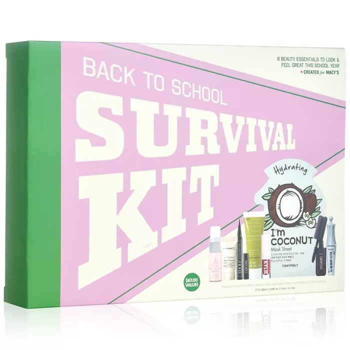 Back to School Survival Kit with 8 beauty essentials including a face mask, various skincare minis, and makeup items. Created for Macy's.