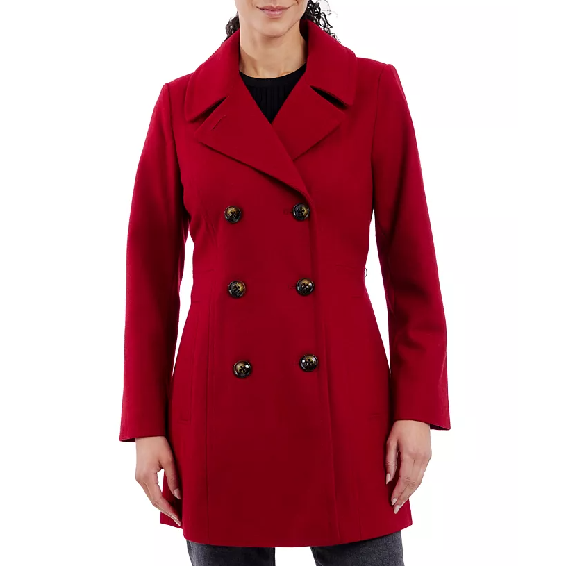 Red double-breasted peacoat with wide lapels, button closure, and a tailored fit. Suitable for cooler weather, it offers a stylish and classic look.