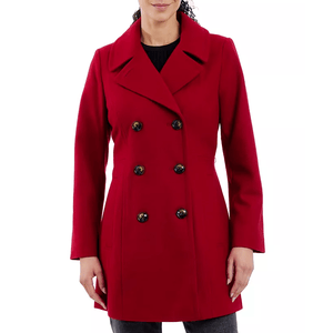 Red double-breasted peacoat with wide lapels, button closure, and a tailored fit. Suitable for cooler weather, it offers a stylish and classic look.