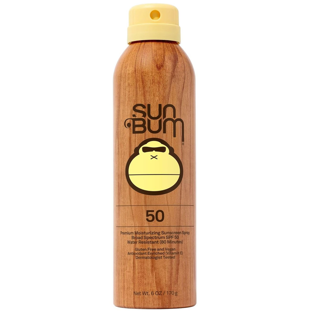 Sun Bum Premium Moisturizing Sunscreen Spray SPF 50, broad spectrum, water-resistant for 80 minutes, gluten-free, vegan, antioxidant enriched with Vitamin E, dermatologist tested. Net Wt. 6 oz / 170 g.