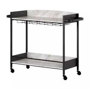 A bar cart featuring a black metal frame with two marble-patterned shelves, a built-in wine glass rack beneath the top shelf, side handles, and four caster wheels for mobility.