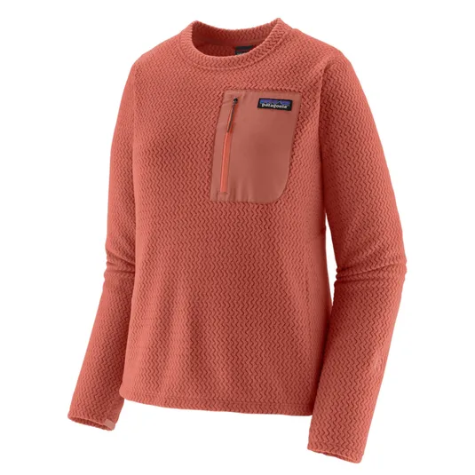 Orange long-sleeve knit pullover with a textured pattern and a zippered chest pocket. Brand logo visible on the chest pocket.