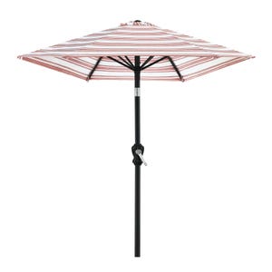 A patio umbrella with a red and white striped canopy, featuring a crank handle on a black pole for easy opening and closing.