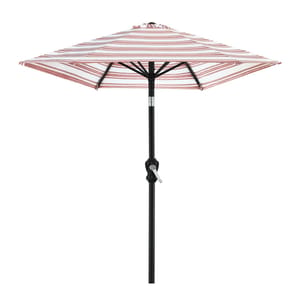 A patio umbrella with a red and white striped canopy, featuring a crank handle on a black pole for easy opening and closing.