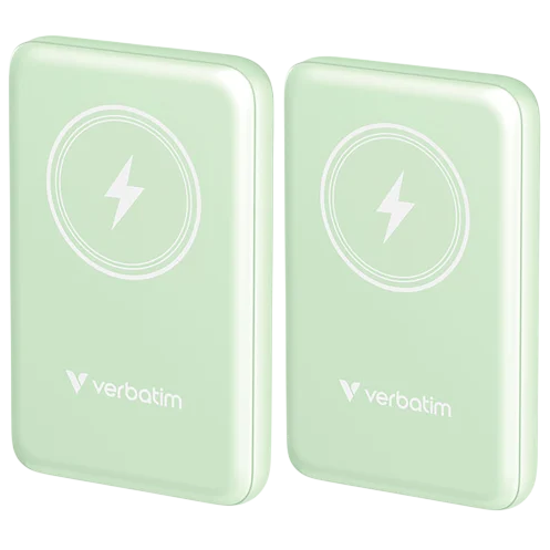 Two mint-colored Verbatim wireless charging power banks, each featuring a lightning bolt symbol on the front.