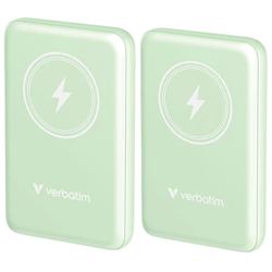Two mint-colored Verbatim wireless charging power banks, each featuring a lightning bolt symbol on the front.