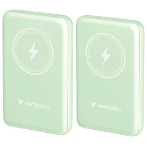 Two mint-colored Verbatim wireless charging power banks, each featuring a lightning bolt symbol on the front.