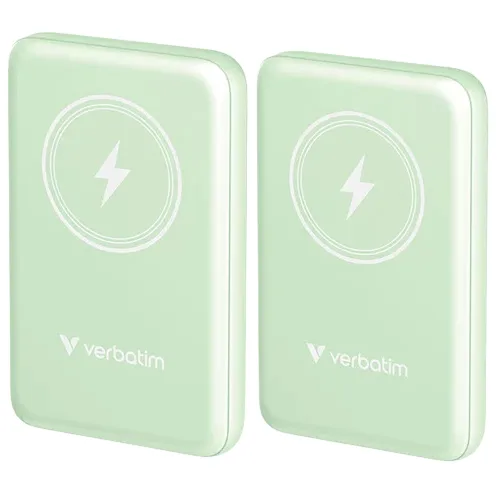 Two mint-colored Verbatim wireless charging power banks, each featuring a lightning bolt symbol on the front.