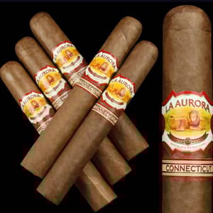 A collection of La Aurora Connecticut cigars with red and gold bands featuring a lion graphic.