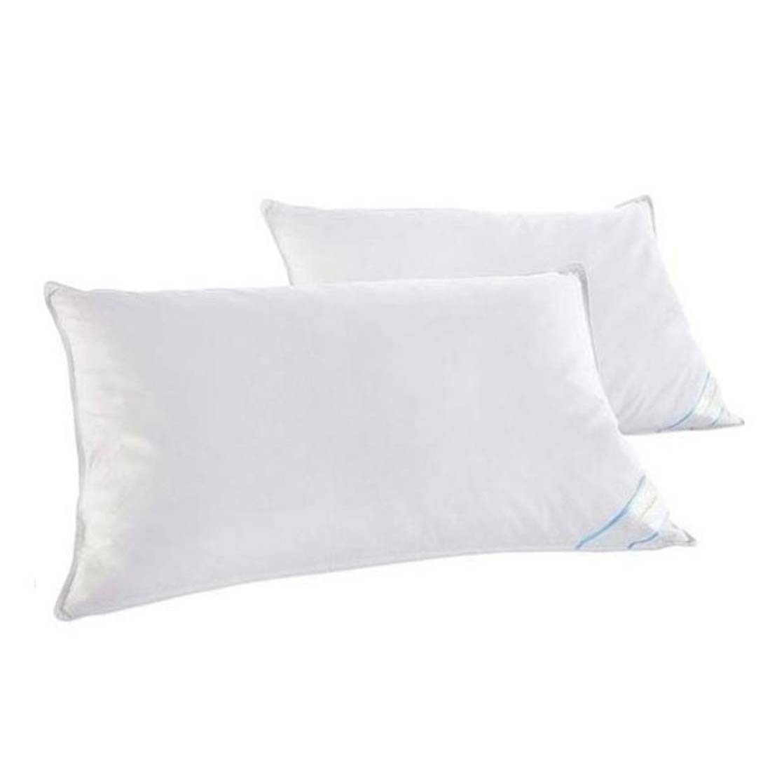2-pack of white duck feather pillows with a rectangular shape and subtle blue detailing on the corners.