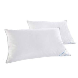 2-pack of white duck feather pillows with a rectangular shape and subtle blue detailing on the corners.