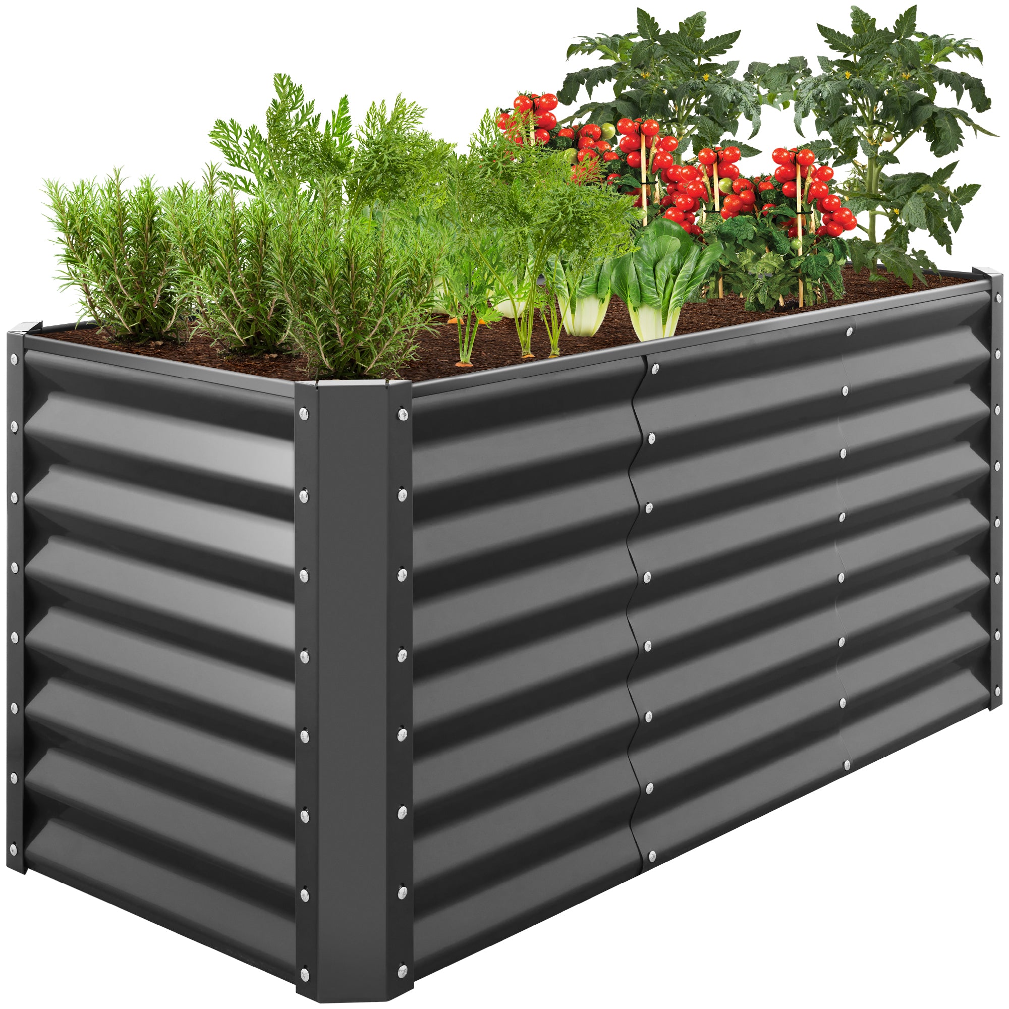 A raised garden bed constructed from corrugated metal panels with plants such as tomatoes and carrots growing inside.