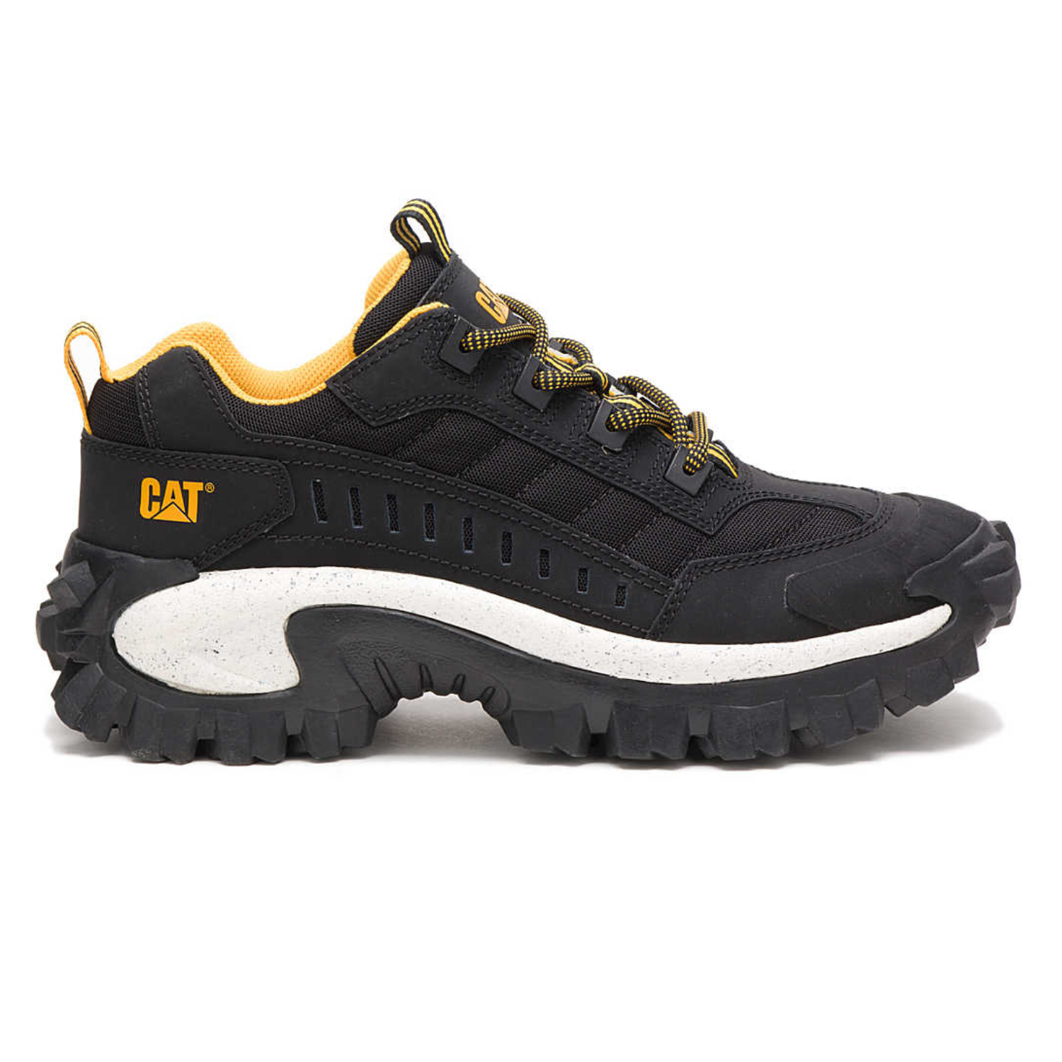 A rugged black and yellow shoe with thick, textured soles and \“CAT\“ branding, designed for durability and traction.