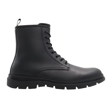 Black high-top lace-up boots with a rugged rubber sole, featuring a smooth leather finish and a pull tab at the back for easy wear.