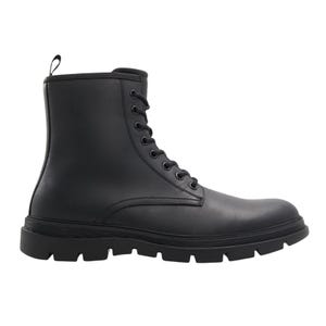 Black high-top lace-up boots with a rugged rubber sole, featuring a smooth leather finish and a pull tab at the back for easy wear.