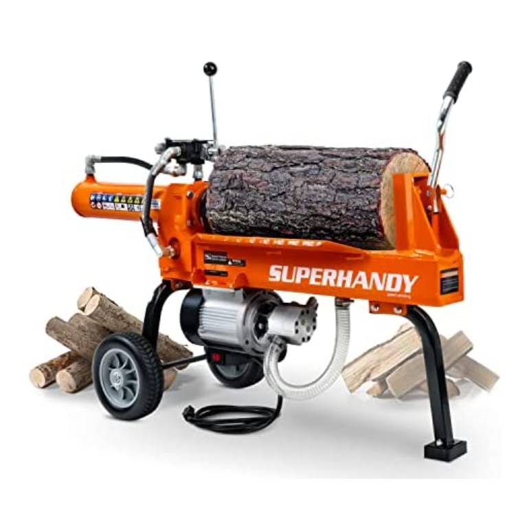 The Superhandy log splitter is an electric-powered machine designed for splitting logs, featuring a sturdy orange frame, wheels for portability, and a handle for operation.
