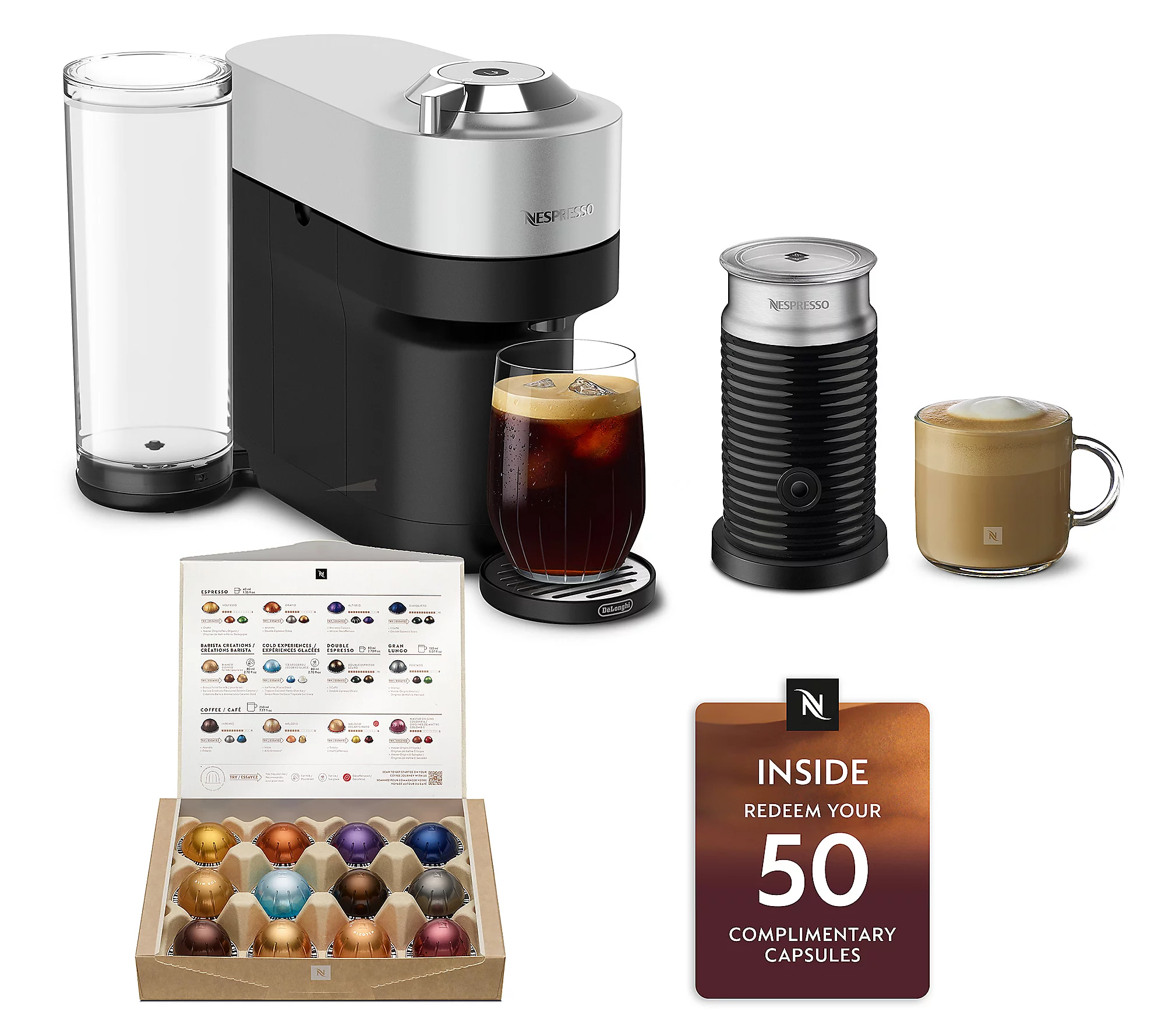 Nespresso coffee maker with a frother, two prepared drinks, a variety box of capsules, and a card offering redemption for 50 complimentary capsules.